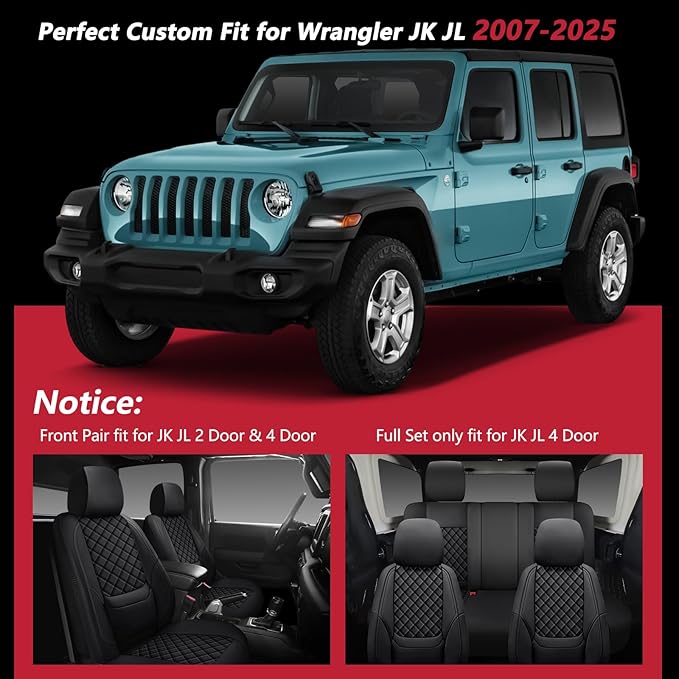 Wrangler Seat Covers 2007-2026 Full Set, Waterproof Leather Interior Sets with Lumbar Support Custom Fit for Jeep Wrangler JK JL 4 Door Unlimited Sahara/Sport/Rubicon X 392 Willys, Black