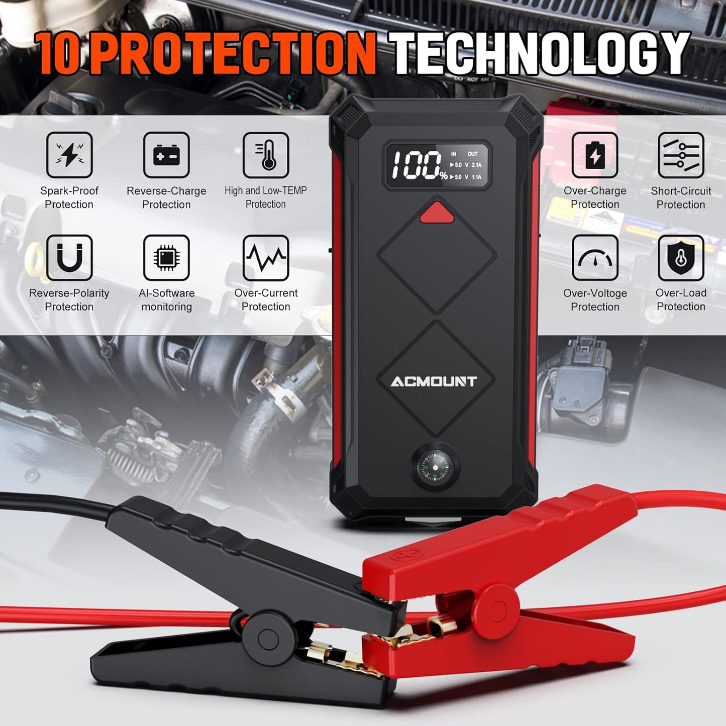 P100 Car Jump Starter, 5000A Peak Lithium Jump Starter Battery Pack for Up to 10.0L Gas or 8.0L Diesel Engine, Safe 12V Portable Battery Starter Power Pack with LED Screen & LED Light
