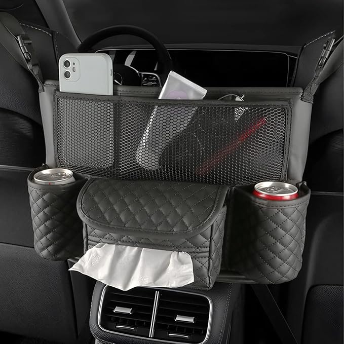 zipelo Car Handbag Holder Between Seats, PU Leather Multi-Pocket Large Capacity Purse Holder, Auto Net Bag Barrier of Backseat Pet Kids, Car Seat Organizers and Storage for Cargo Tissue Cup (Black)