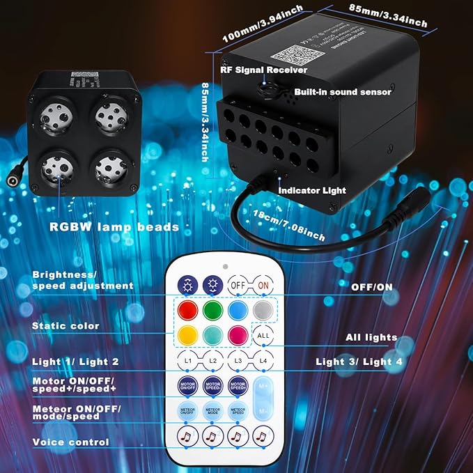 AMKI Updated 4Color Meteor Twinkle 36w Starlight Headliner Kits 1200pcs 0.03in 13.1ft, 240pcs RGB Meteor Shooting Star Cable, 2 in 1 Fiber Optic Light Box RGBW Sound Activated Mode for Car& Home Decor