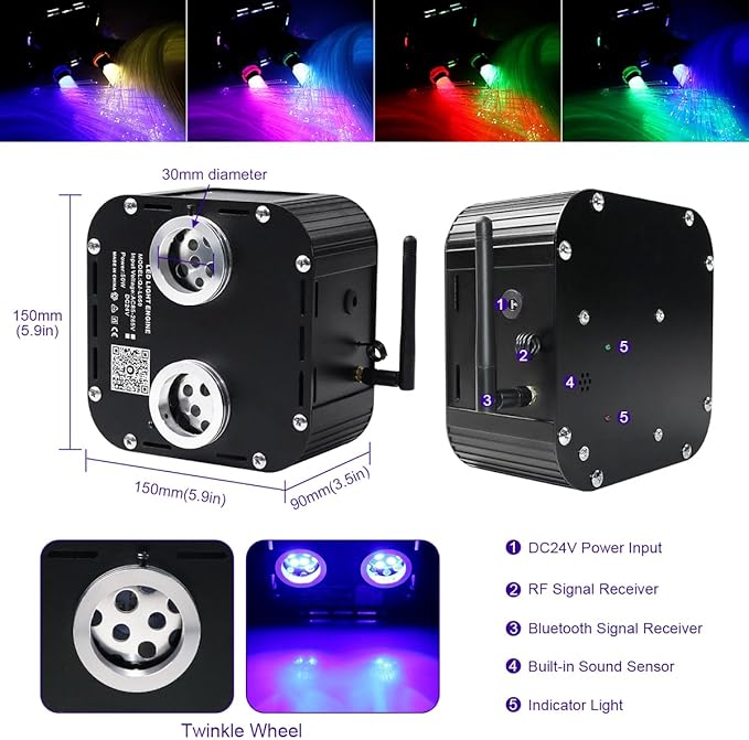 AZIMOM Updated Dual Color 50W Twinkle Fiber Optic Starlight Kits 1800pcs 0.03in 16.4ft Strands, RGB Meteor Shooting Star, Sound Activated APP/Remote Control Theater Ceiling Home Lobby Roof Decor
