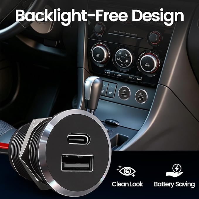 12V USB Outlet All-Aluminum QC 3.0 USB-A & USB-C PD3.0 Dual Fast Car Charger Socket, Recessed Mount Car USB Port for Car Truck Boat RV Camper Van Trailer (Small Version)