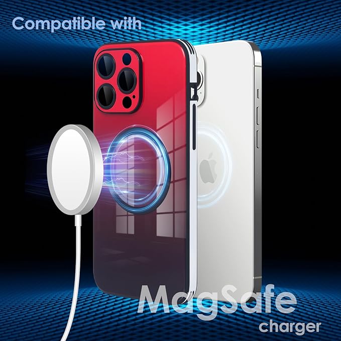 Guppy Compatible with iPhone 13 Pro Max Case Magnetic, with Full Camera Lens Protector [Compatible with MagSafe] Scratch Resistant Gradient Glass Back Cover Phone Case-Red
