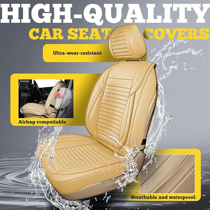 LINGVIDO Front Car Seat Covers, Faux Nappa Leather, Airbag Compatible and Waterproof Protectors for Sedans SUVs, Breathable Anti-Slip Interior for Commuters and Rideshare, Beige