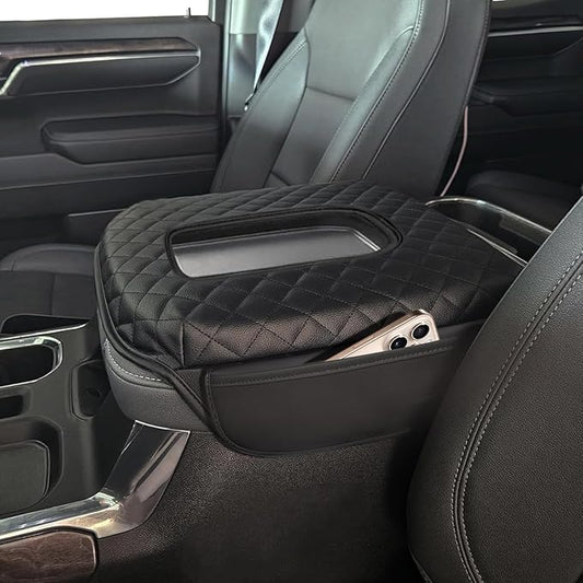 Center Console Cover Fit for GMC Sierra & Chevy Silverado 2019-2026, Tahoe /Yukon /Suburban 2021-2026 Thickened Leather Armrest Cover Cushion Center Lid Protector With Pockets (Bucket Seat Only)