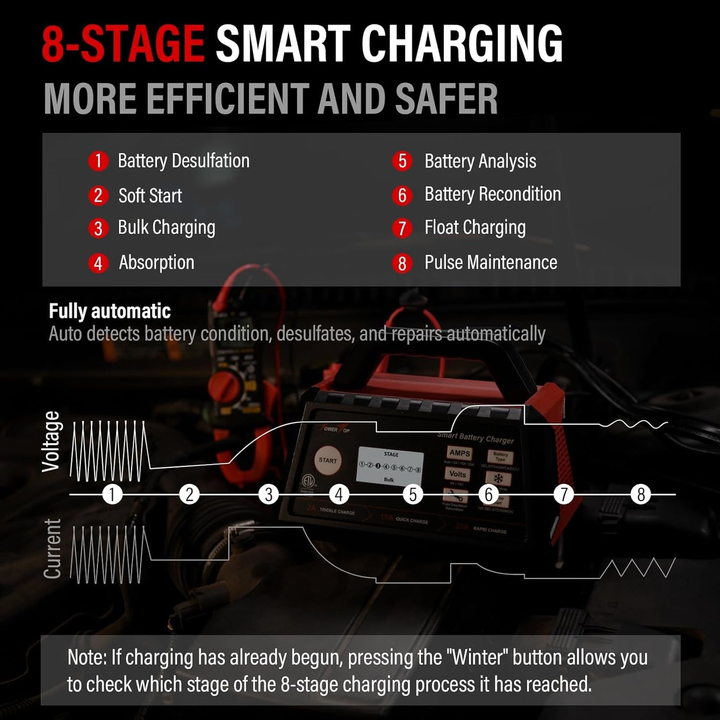TowerTop 2/15/25 Amp Car Battery Charger, 6V/12V Fully Automatic Smart Battery Maintainer with Engine Start, Auto Desulfator, Battery Repair, Winter Mode, for All Lead-Acid and LiFePO4 Batteries