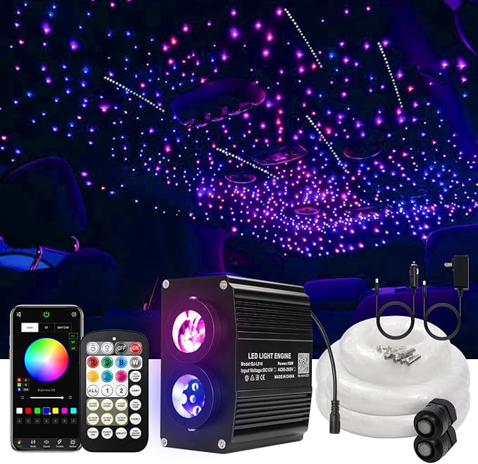 AKEPO 18W Twinkle+Meteor 2-in-1 Fiber Optic Lights, Dual Color Ports with 1300pcs+240pcs Meteor Fibers in 0.03in 13.1ft APP Optical Star Ceiling Kit for Car Headliner Star Light Kits or Home Decor