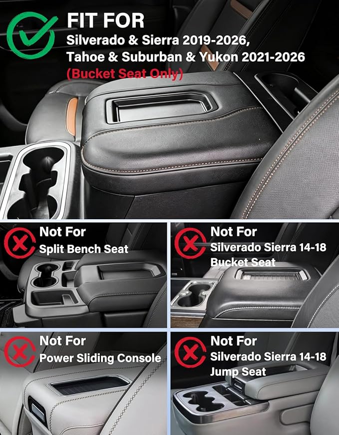 Center Console Armrest Cover for Chevy Chevrolet Silverado 1500/GMC Sierra 2019-2026, Tahoe/Suburban/Yukon 2021-2026, PU Leather Middle Console Lid Protector Arm Rest Cushion Thick Pad(Bucket Seat)