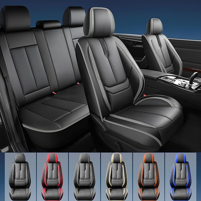 Fit Highlander Car Seat Covers (5 Seats) for Select Toyota Highlander 2007-2026 - Full Coverage Leather,Airbag Compatible, Waterproof & All Weather Seat Cushion Protector,Full Black-Grey