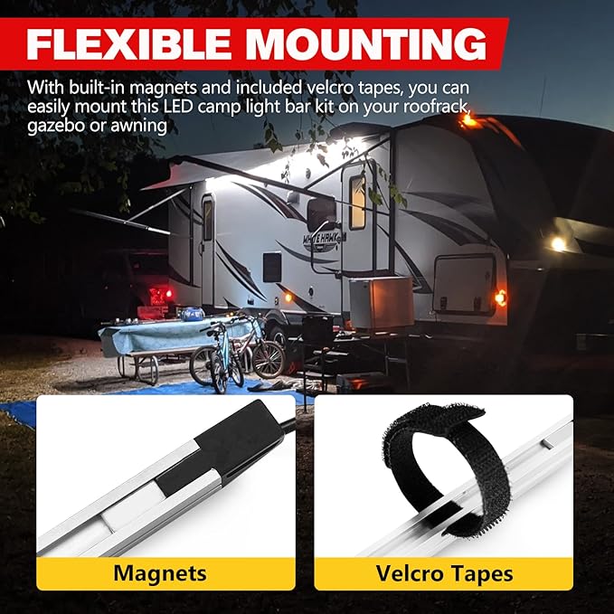 FIERYRED 12V Interior Light Bar Kit, Dimmable Camping Lights, Weatherproof IP67, Aluminum Magnetic Mount with Dimmer Switch, Portable Lights for Camping Tent Awning RV Car Trailer Boat (4 Pcs, White)