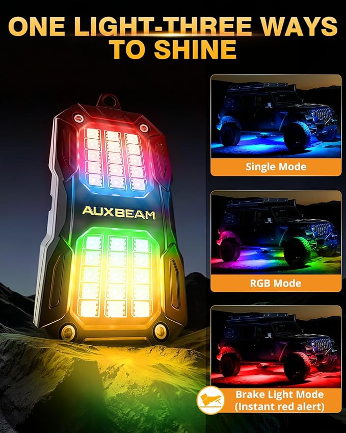 Auxbeam 2 Pods Dynamic Color Changing RGB LED Rock Lights No-Dark-Spot Bluetooth APP&Remote Control Music Voice Sync IP67 Waterproof Wheel Well Lights w/Brake Mode 1 Year Warranty (NO Controller)