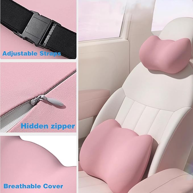 Lumbar Support Pillow for Car/Office Chair, Memory Foam Back Cushion for Car Seat, Lower Back Pillow Fits Most Cars, Trucks, with Adjustable Strap and Washable Cover, Back Pain Relief,Pink