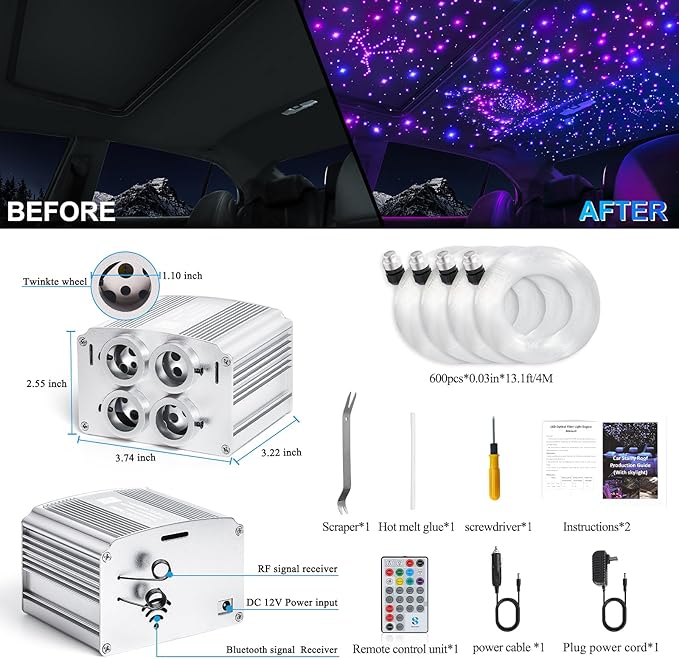 4 Colors 32W Twinkle Car Starlight Headliner Kit 600pcs*0.03in*13.1ft with APP&RF Remote, RGBW Fiber Optic Strands Star Roof Lights,4 Port Engine Sound Activated Ceiling Star Lights for Home/Car Decor