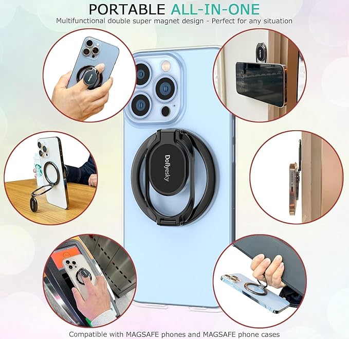 Doflyesky Magnetic Phone Ring Holder for Magsafe Phone Grip, Double-Sided Magnetics Adjustable Gym Finger Ring Grip Kickstand, Removable Phone Grip, for iPhone, iPad and Smartphones(Brown)