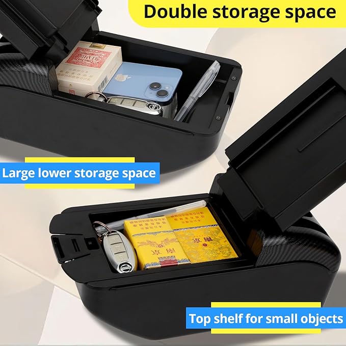AULPHIKE Compatible with Nissan March Micra Armrest 2011-2016 Car Center Console Organizer Armrests Double Layer Storage with USB Ports（Black Style）