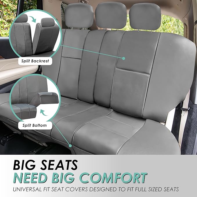 FH Group PU002-1010 Classic Exquisite Leather Bench Seat Covers, Split Bench, Solid Grey Color- Fit Most Car, Truck, SUV, or Van