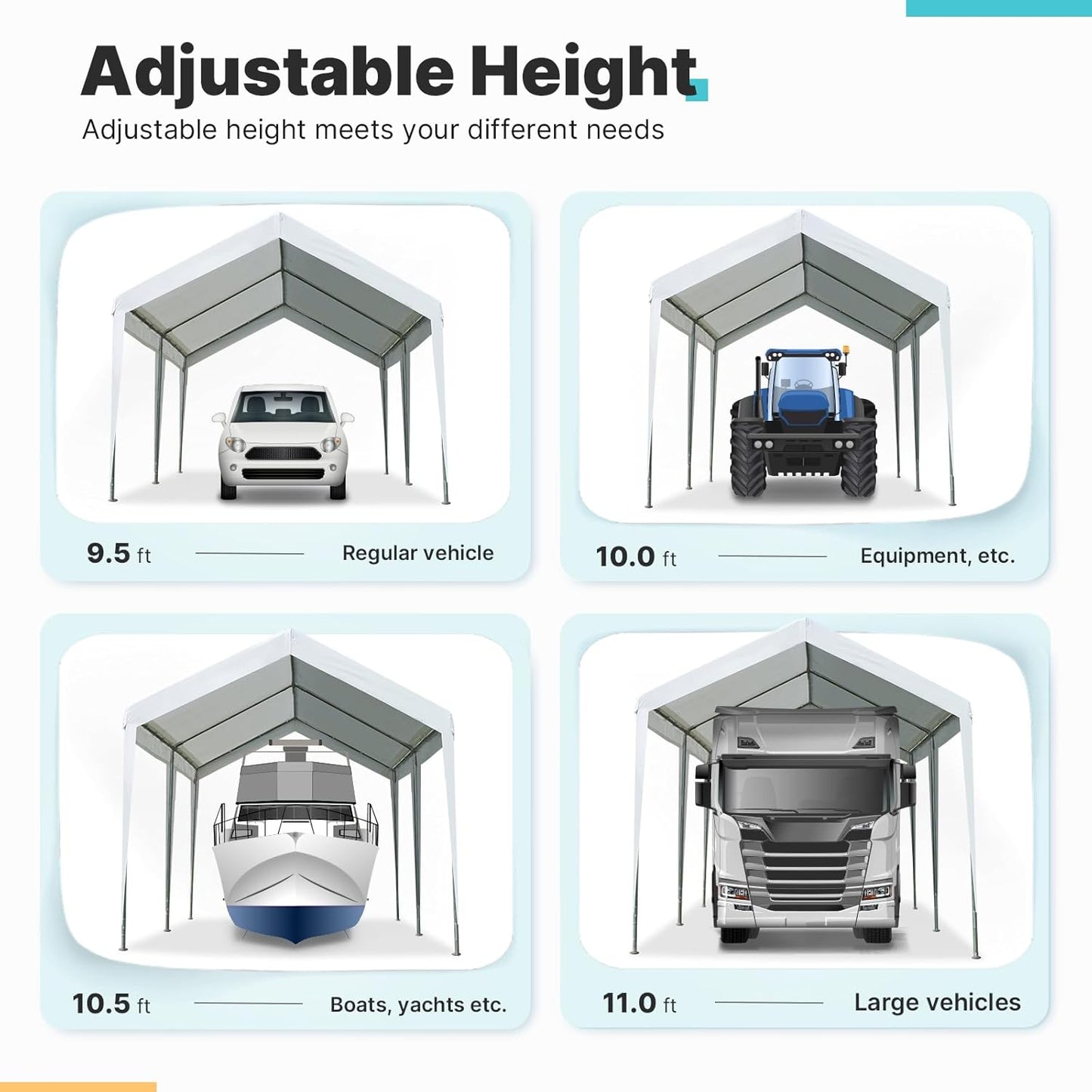 ADVANCE OUTDOOR Adjustable 10x20 ft Heavy Duty Carport Car Canopy Garage Boat Shelter Party Tent, Adjustable Height from 9.5 ft to 11 ft, White
