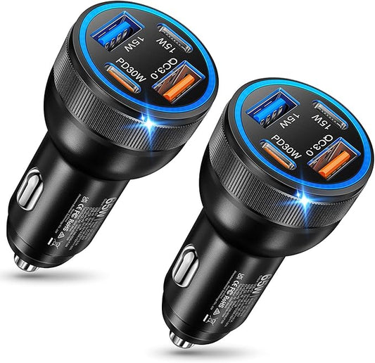 USB C Car Charger, 2 Pack 4-Port 65W Dual USB C & USB-A Cigarette Lighter USB Charger Multiport Type C Car Charger Adapter Phone Plug Cargador Carro Fast Charging for iPhone 17 16 15, iPad, Galaxy