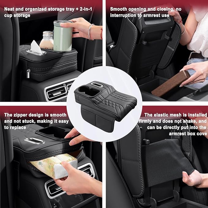 Car Armrest Storage Box for Cadillac XT4 2018–2025 2020 2021 2022 2023 2024, Sport-Style Center Console Organizer with Side Pocket, PU Leather Armrest Cushion, Elbow Support Pad,C Grey