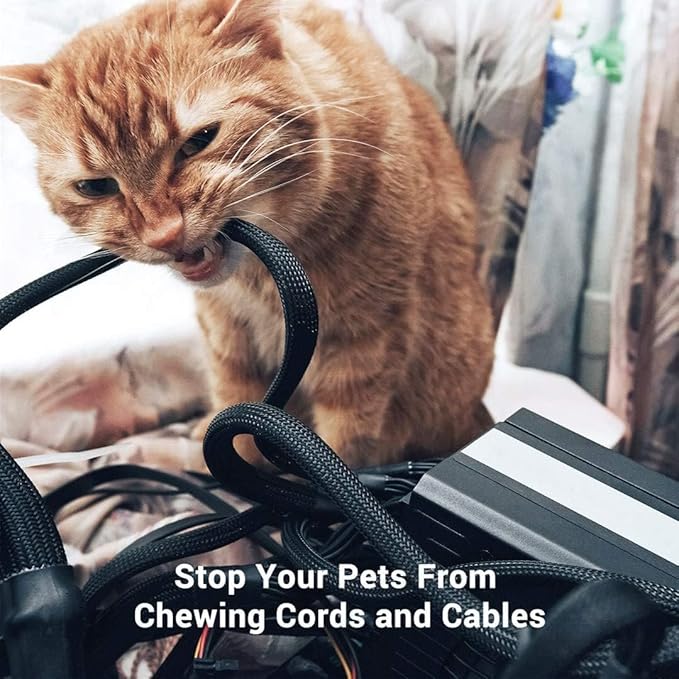 25ft - 1/4 Inch Cable Management Sleeve Protector,Wire Loom PET Expandable Wire Sleeving for Office TV Computer Home Theater Engine Bay Cord Organizer,Protect Cables from Pet Cat Dog Chewing,Black