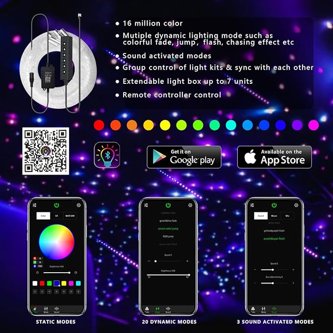 AKEPO 3.2W 6-Hole RGB Colorful Fiber Optic Light Kit, Car Home APP Control 13.1ft 360pcs*0.75mm/0.03in Optical Fiber Mixed Color Chasing Timer MIni Size Star Ceiling Light