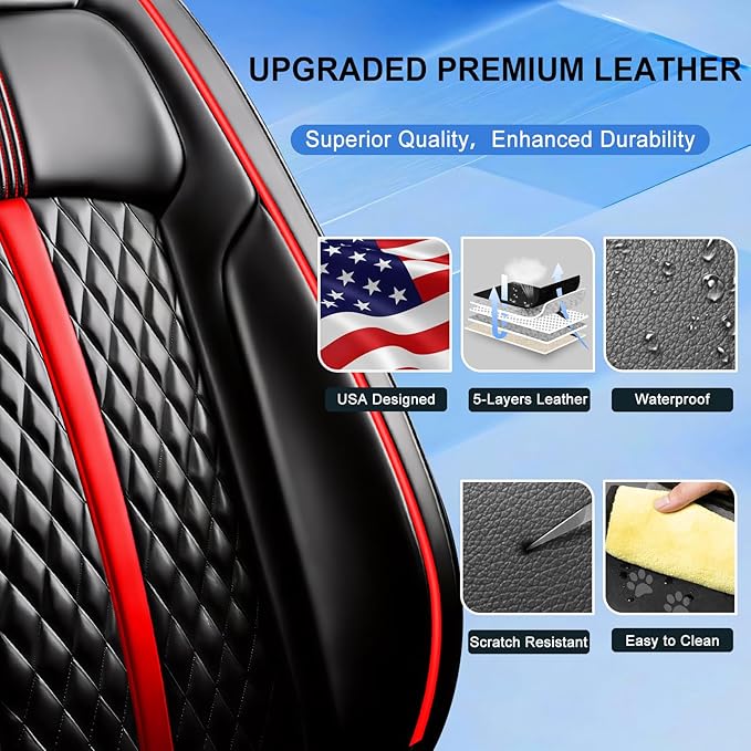 Fit Trax Car Seat Covers for Chevrolet/Chevy Trax 2015-2026 - Luxury Full Coverage Leather, Waterproof & All Weather Seat Cushion Protector, Airbag Compatible, Full Set, Black with Red Trim