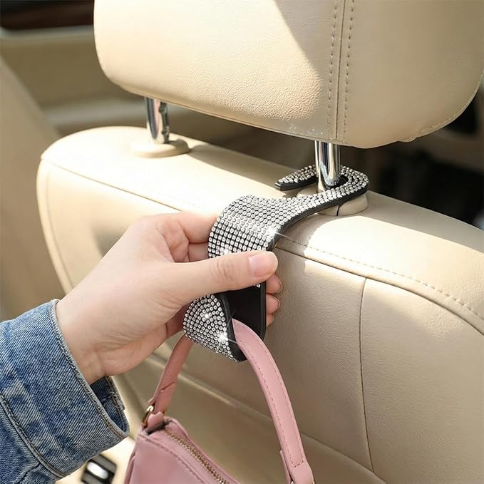 4PCS Bling Car Seat Headrest Hooks, Crystal Rhinestone Vehicle Back Seat Hanger Holder, Auto Interior Headrest Hanging Storage Organizer for Purse Handbag Coat, Universal Fit (Black/Pink)