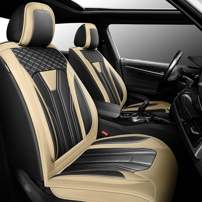 Fit Kona Car Seat Covers for Select Hyundai Kona 2018-2025 2026. Premium Leather, Waterproof， Breathable, Scratch-Resistant & All-Weather Seat Cushion Protector (Front Pair, Beige&Black)