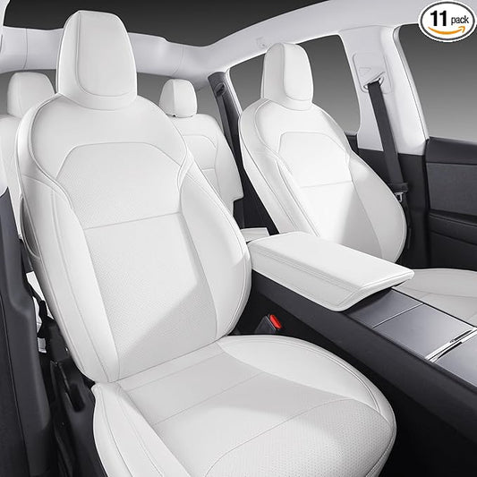 Car Seat Covers for New 2025 Tesla Model Y Juniper Nappa Leather Car Interior Seat Airbag Compatible Cushion Cover Full Set Custom Fit 2025-2026, Nappa White