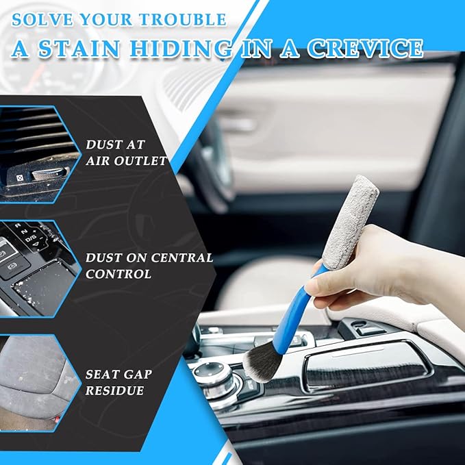 Ziciner 2 PCS Double Head Brush for Car Clean, Soft Auto Interior Duster Detailing Brushes, Universal Vehicle Dashboard Screen, Air Vents, Computer etc Cleaning Tool Accessories (Black+Blue)