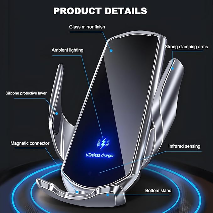 Wireless Car Charger, 15W Fast Charging Mount Electric Induction Car Phone Holder, Universal Auto-Clamping Magnetic Charger Air Vent Mount Bracket for Most Smartphones (Blue)