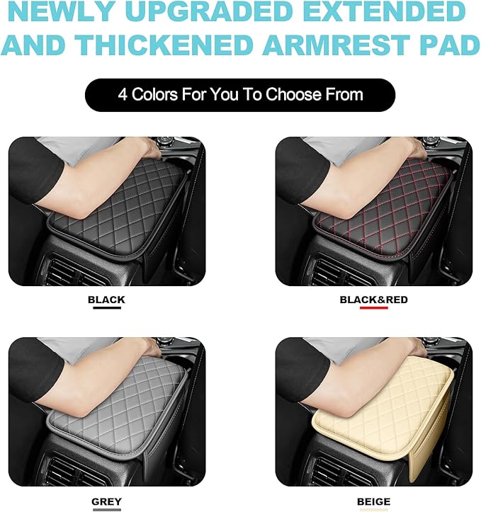 Center Console Cover Fit for Kia Soul 2010-2025 with 2 Storage Bags Waterproof Leather Quilted Pattern Car Armrest Cover Cushion Anti - Slip(Black&Red Line)