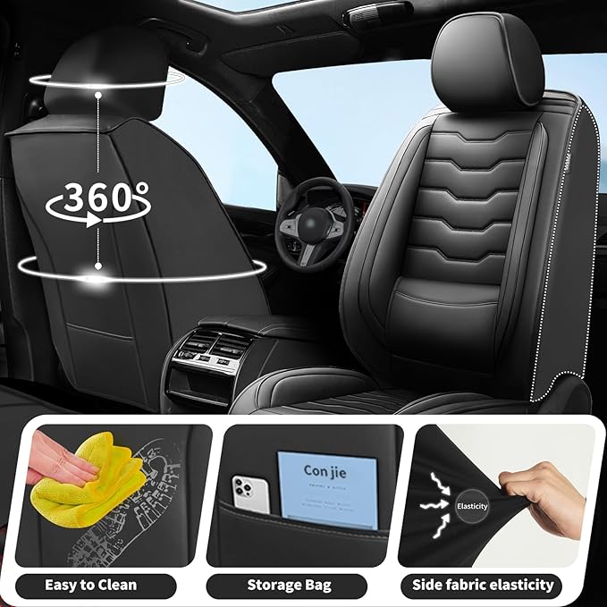 Fit Kicks Car Seat Covers， Compatible with Nissan Kicks 2018 2019-2026 -Premium Leather, Waterproof Breathable All-Weather Seat Cushion Protector Airbag Compatible（2 Seats Front Pair， Black