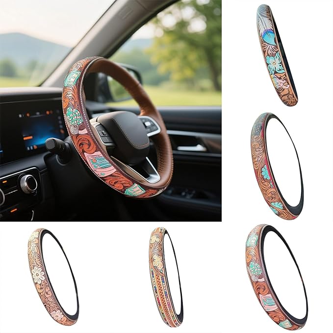 Retro Western Cowboy Car Universal Steering Wheel Cover, Embossed Handcrafted Tooled Leather Western,Anti Slip, Auto Interiors Accessories,Breathable for Trucks SUVs Cars (C)