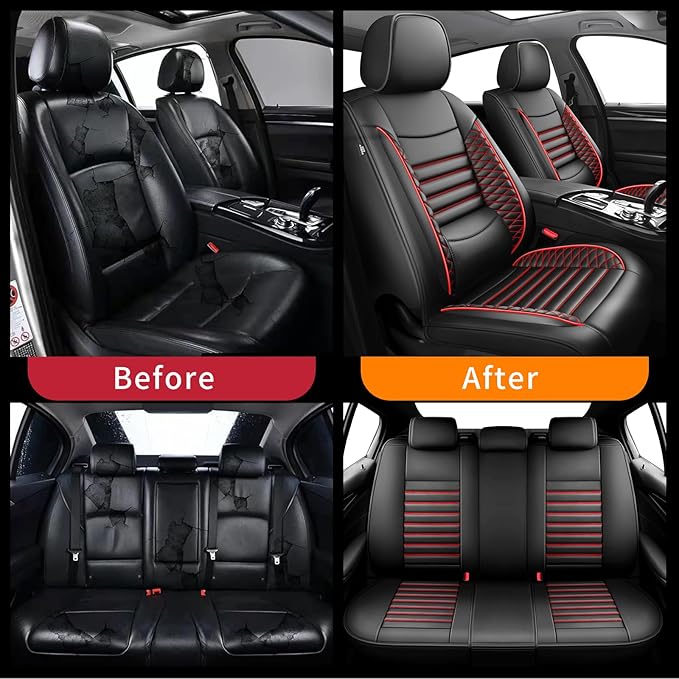 Fit Fj Cruiser Car Seat Covers for Toyota Fj Cruiser 2007-2013 2014-Upgraded Premium Waterproof & Breathable Leather, Airbag Compatible,All-Weather Seat Cushion Protector (Full Set, Black+Red)