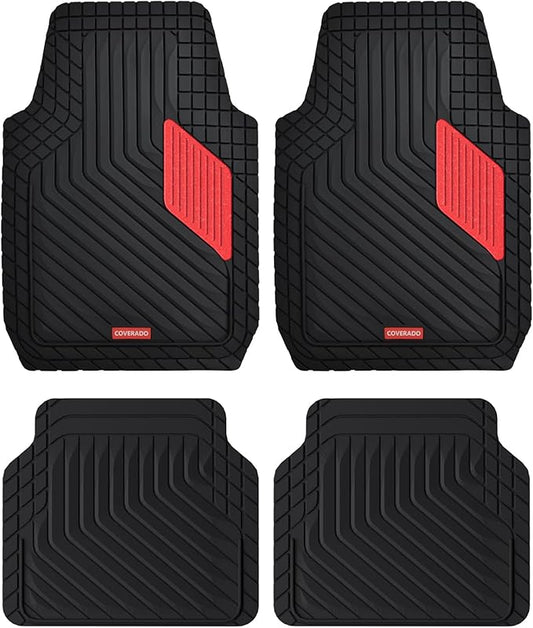 Coverado Red Rubber Car Floor Mats with Metallic Aluminum Film, Waterproof All Weather Protection, Universal Trim-to-Fit Automotive Mats for Cars SUVs Trucks, 4PCS Set