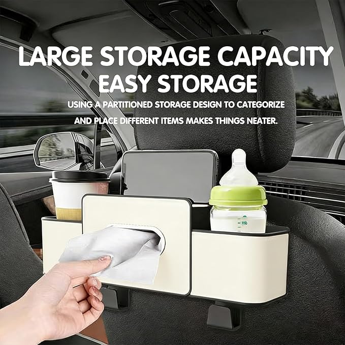 UKM 3-in-1 Back Seat Car Organizer, Car Backseat Storage Box with Cup Holder, Tissue Box&Hooks, Multifunctional Waterproof Storage for Hold Phones Drinks Handbags (Brown)