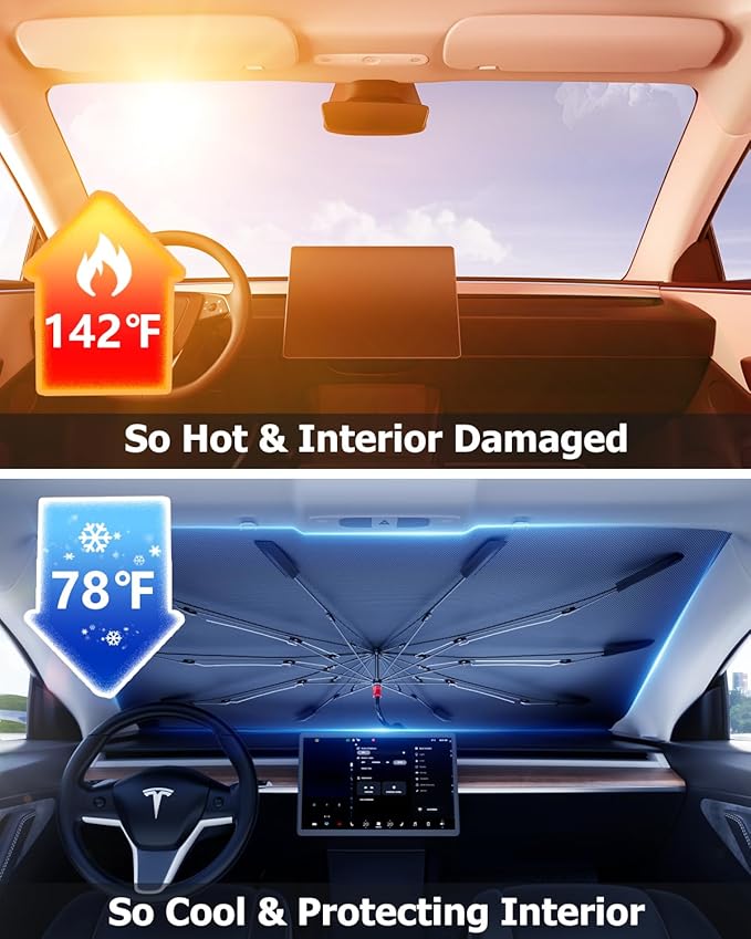 DMJN Umbrella Windshield Sun Shade - Large, Car Sunshade for Front Windshield [Nano Ice-Crystal Coatings] UPF50+ Heat & UV Block, Protect Interior & Keep Cooler Universal for Car, SUV, Truck