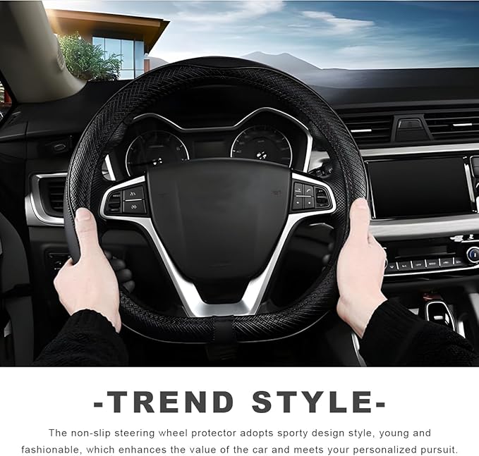 Car Steering Wheel Cover, 15 Inch Anti-Slip Breathable Leather Auto Steering Wheel Protector, Full Surround Soft Steering Wheel Cover for Men Women, Car Interior Accessories (Black)