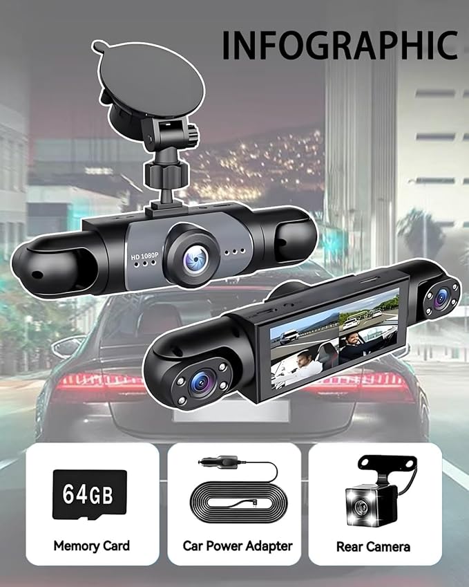 Car Dash Cam Wireless Front Rear 360 Full View 4K Dual Security 24HR Rechargeable 4 Channel Mirror Rearview Interior Auto Video On-Dash Mounted Driving Recorder Truck Electronics Accessory(32G)