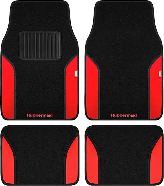 Rubbermaid Car Mats, Carpeted Floor Car Mat with Faux Leather & Built-in Heel Pad, Two-Tone Car Rug Floor Mats, Stylish Carpeted Floor Mats for Cars, Trucks & SUVs Red Color