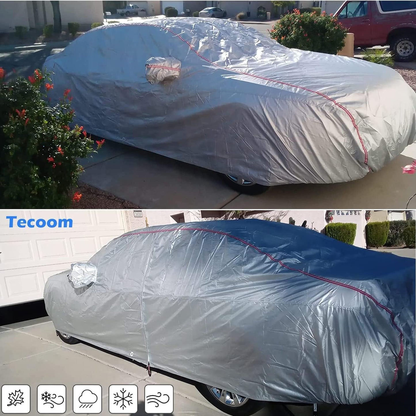 Tecoom Waterproof Sedan Car Cover Oxford W/Door Zipper, All Weather Car Cover for Automobiles, UV-Proof Windproof Hail Sun Snow Protection Indoor Outdoor Full Exterior Covers Fit 201-210 Inches