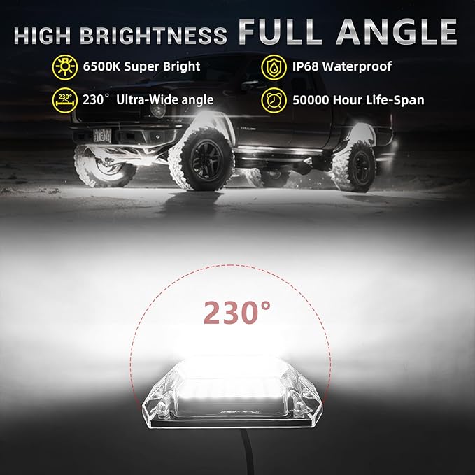 20 Pods Full Angle Pure White LED Rock Lights with Extension Wires, 28 LEDs 6500K Super Bright White Neon Underglow Kit IP68 Waterproof for Semi Trucks Trailer Offroad Pickup Boats RV Vans SUV UTV