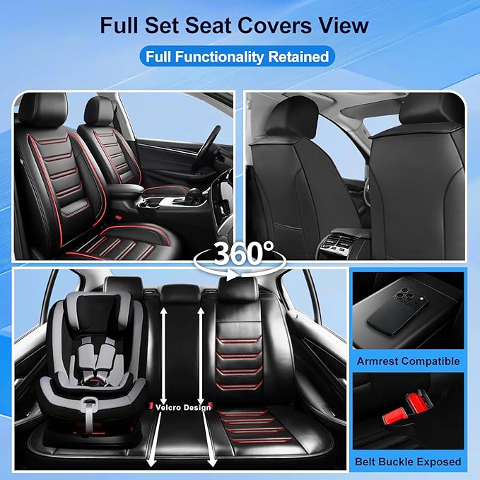 Fit CX-30 Car Seat Covers (Front Pair) for Select Mazda CX30 2020-2025 - Premium Full Coverage Leather, Airbag Compatible, Luxury Waterproof & All Weather Breathable Seat Protector, Red Trim