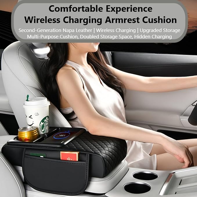 Car Armrest Pad with Built-in Induction Charging, Leather Center Console Cushion with 15W Power Pad, Dual Cup Holders, Storage Pockets - Coffee