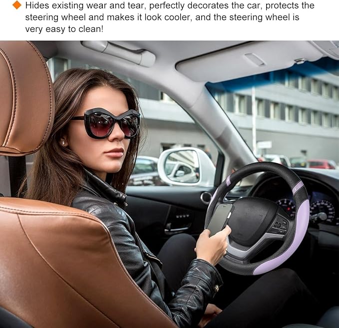 Car Steering Wheel Cover, Non-Slip Leather Auto Steering Wheel Protector, Comfortable Steering Wheel Cover Protector for Most Cars, Universal Interior Car Accessories (Purple)