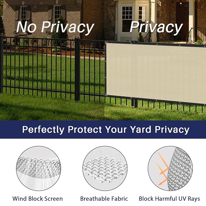 Windscreen4less Privacy Fence Screen Heavy Duty Windscreen Fencing Mesh Fabric Shade Net Cover with Brass Grommtes for Outdoor Wall Garden Yard Pool Deck, 8'x199' Beige