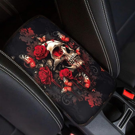 Dreaweet Rose Skull Arm Rest Cover for Car Women Gothic Car Accessories Universal Comfort Center Console Cover Soft Anti-Scratch Vehicle Center Console Armrest Cover Pad