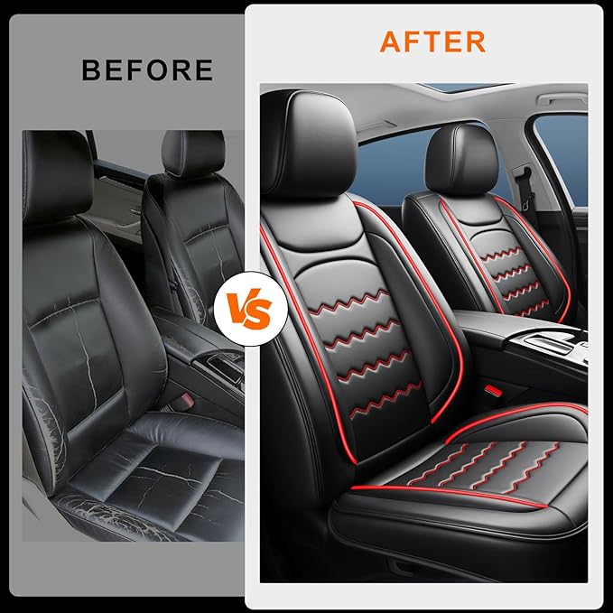 CX-7 Car Seat Covers Fit for Mazda CX-7 2007-2012, Full Coverage Premium Leather Waterproof Breathable Seat Covers, Automotive Seat Protectors, Airbag Compatible(2 Front Seats, Black & Red)
