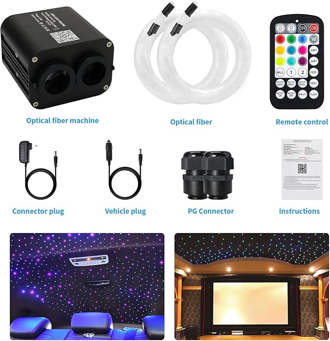 AMKI Dual Color 20W Twinkle Starlight Headliner Kit 900pcs 0.03in 9.8ft Fiber Optic Star Ceiling Light Sound Activated Music Mode APP/Remote Control Dual Port Light Box for Car Home Roof Decor